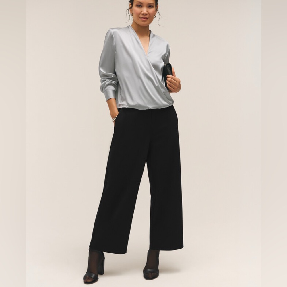 Eileen Fisher Wide Leg Pant Size Medium Black Knit Pockets Pull Up Elastic Waist